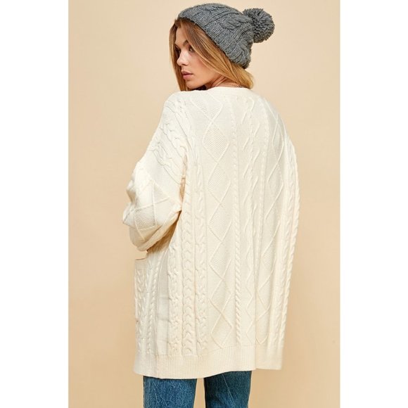 Women's PLUS SIZE Open Front Knit Cardigan (CREAM) - Picture 3 of 3